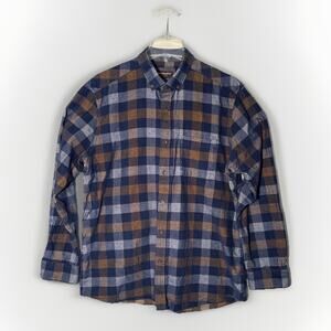 Johnston & Murphy Mens L Blue Plaid Shirt Brushed Heathered Casual Button Down